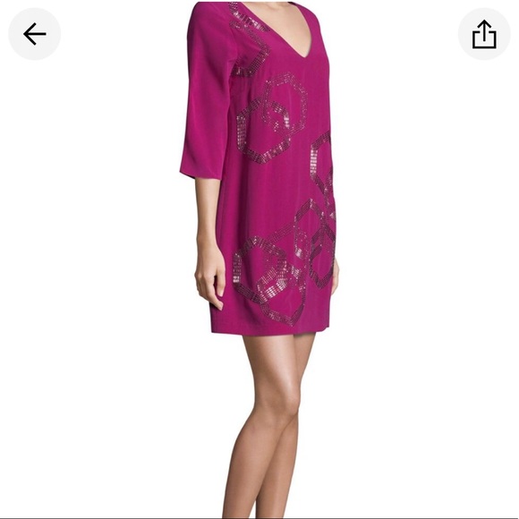 TRINA TURK Boysenberry GLITTERATI Beaded Sequins Geo Pattern Silk Mini Dress - Picture 4 of 8